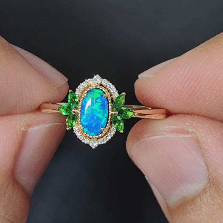 Doublet Opal Diamond Tsavorite Engagement Ring