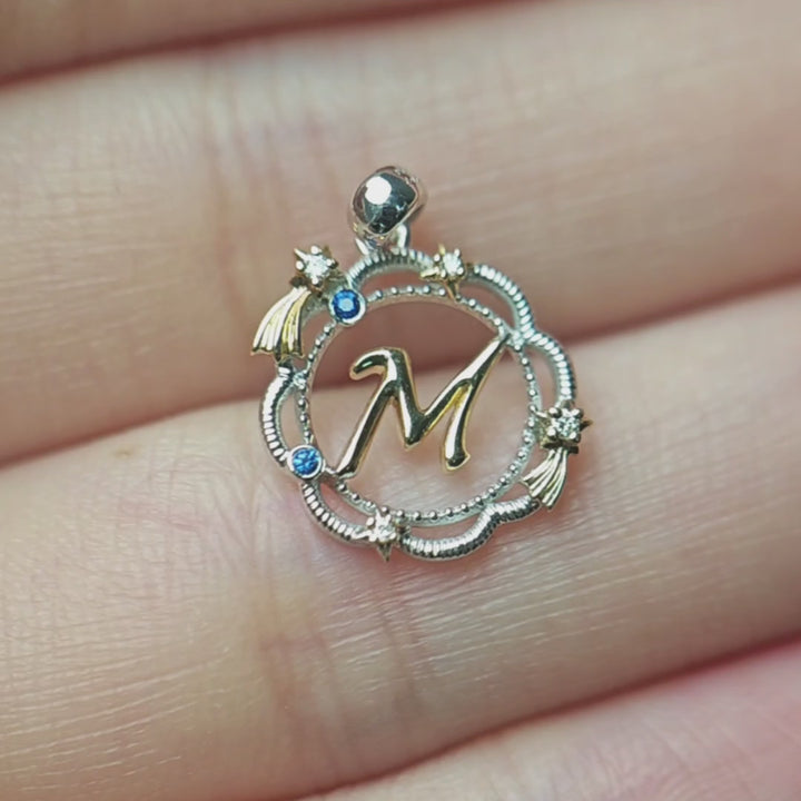 Elegant M Letter Blue Sapphire Pendant Necklace 14K Gold