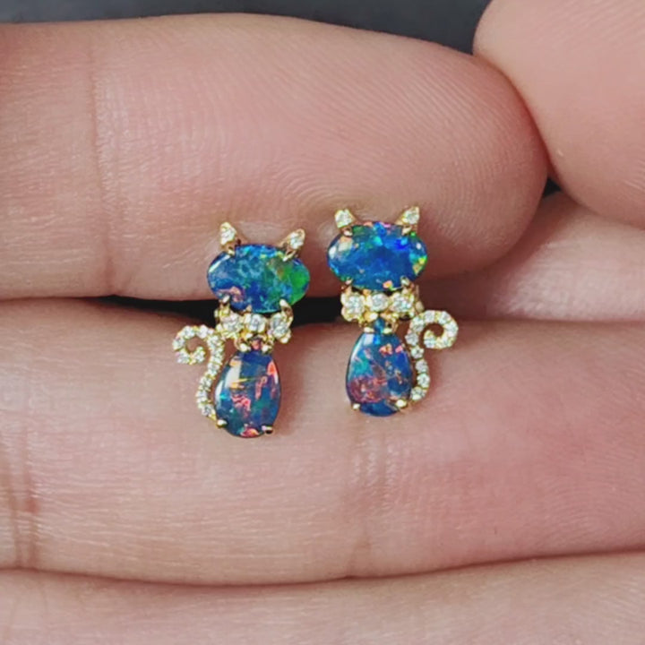 Kitten Cat Doublet Opal Diamond Stud Earrings