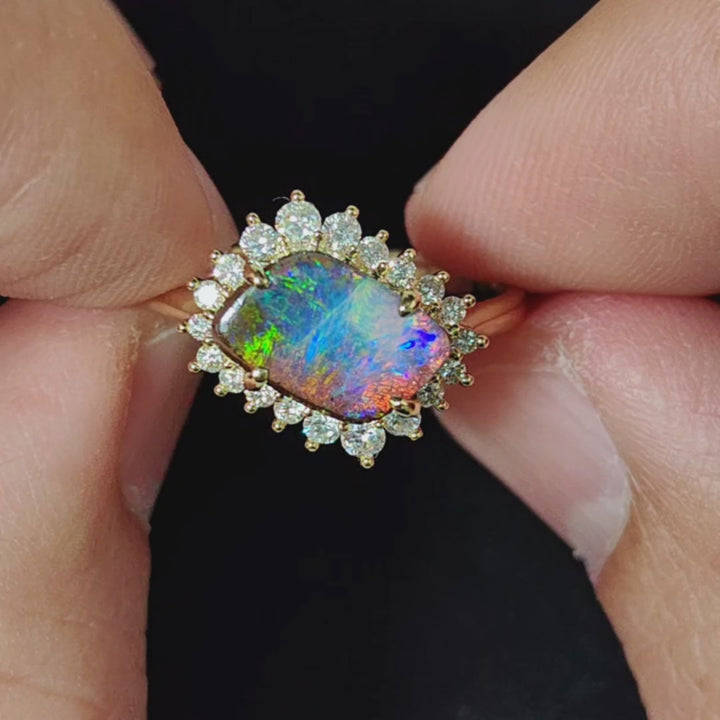 Boulder Opal Diamond Halo Engagement Ring