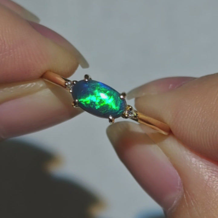 Blue Flash Australian Black Opal Diamond Engagement Ring
