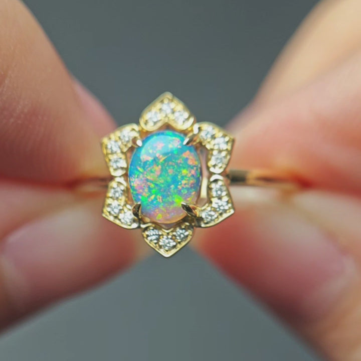 You Are in My Heart - Australian Black Opal Diamond Engagement Ring 14K Yellow Gold