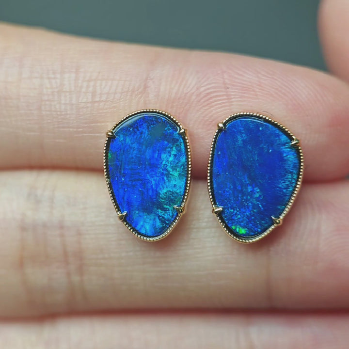 Deep Ocean Blue Australian Doublet Opal Stud Earrings 14K Yellow Gold