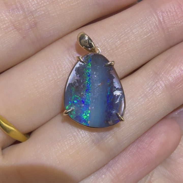 Bright Australian Boulder Opal Necklace Pendant 14K Yellow Gold
