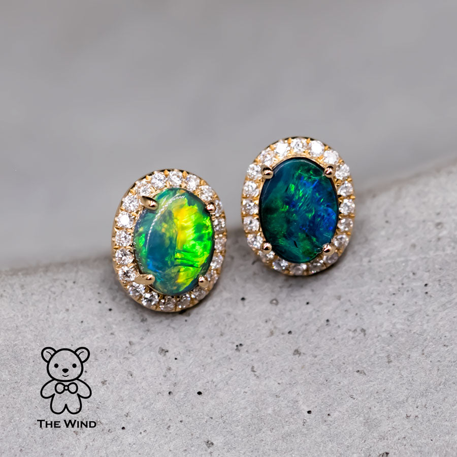 925 Sterling Silver Oval Black Opal Stud Earrings, CZ Pave, Fashion Ge