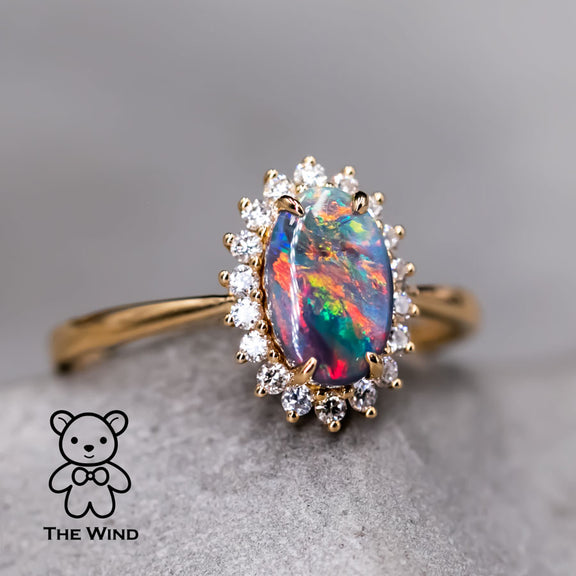 Black Opal Halo Diamond Engagement Ring 18K Gold | The Wind Opal