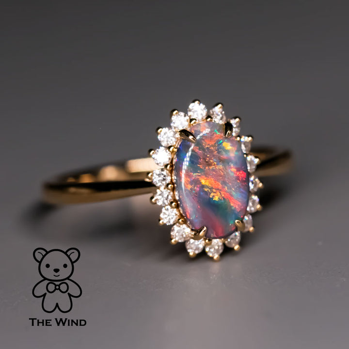 Australian Black Opal Diamond Halo Engagement Ring 18K Gold-2