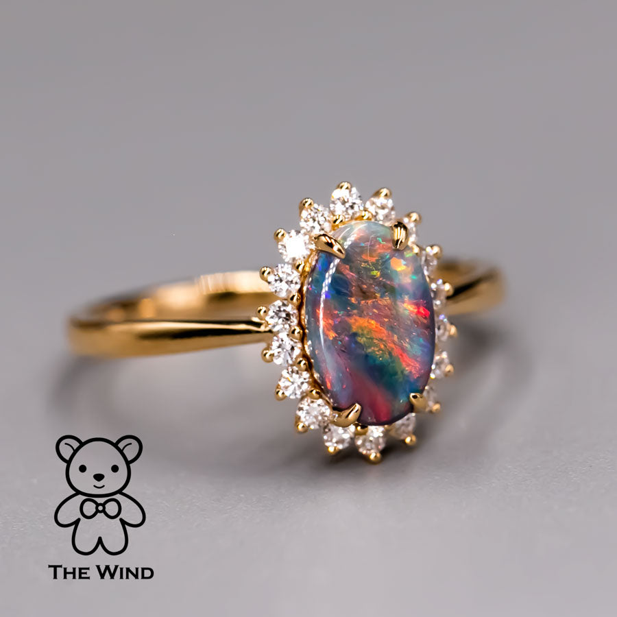 Australian Black Opal Diamond Halo Engagement Ring 18K Gold