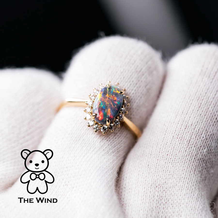 Australian Black Opal Diamond Halo Engagement Ring 18K Gold