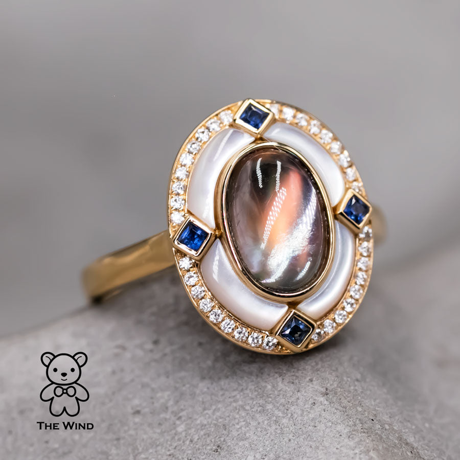 Moonstone Halo Diamond Sapphire Engagement Ring 18K YG | The Wind Opal