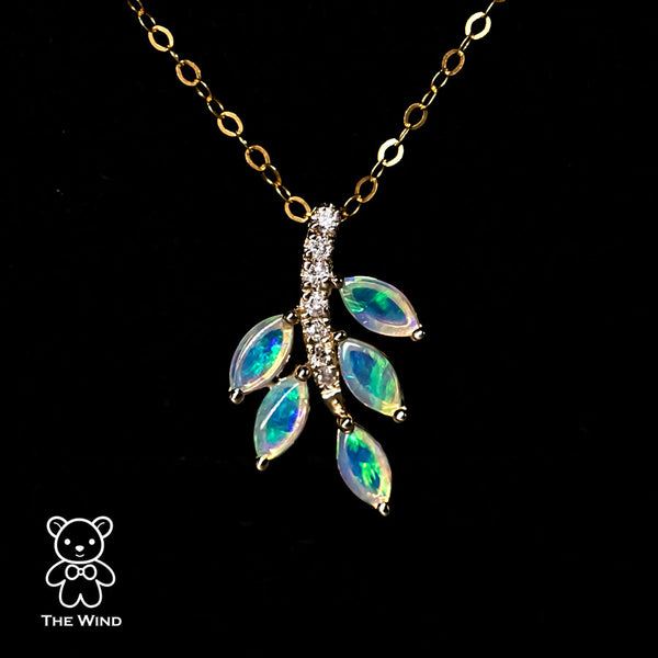 Olive Leaf Design Australian Opal Diamond Necklace-1