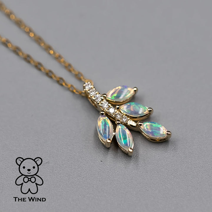 Olive Leaf Design Australian Opal Diamond Necklace-2