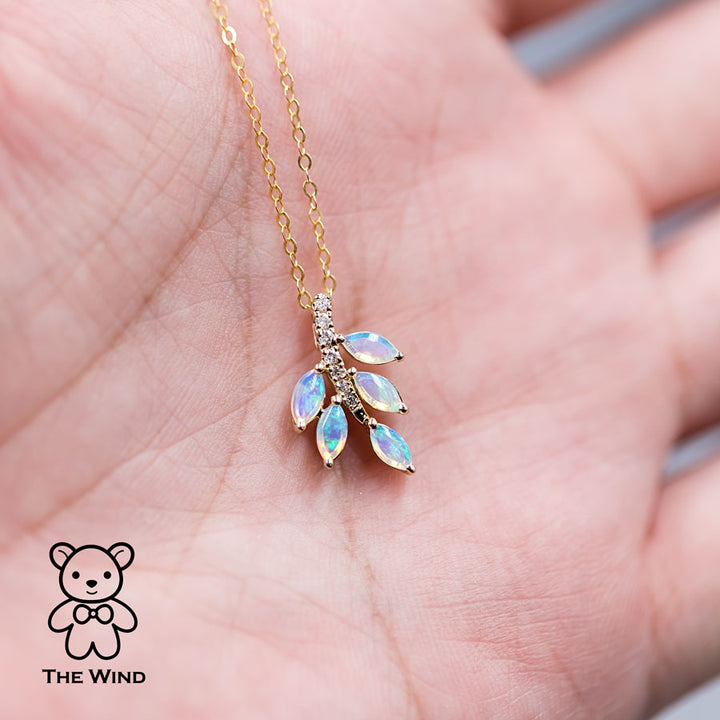 Olive Leaf Design Australian Opal Diamond Necklace-4