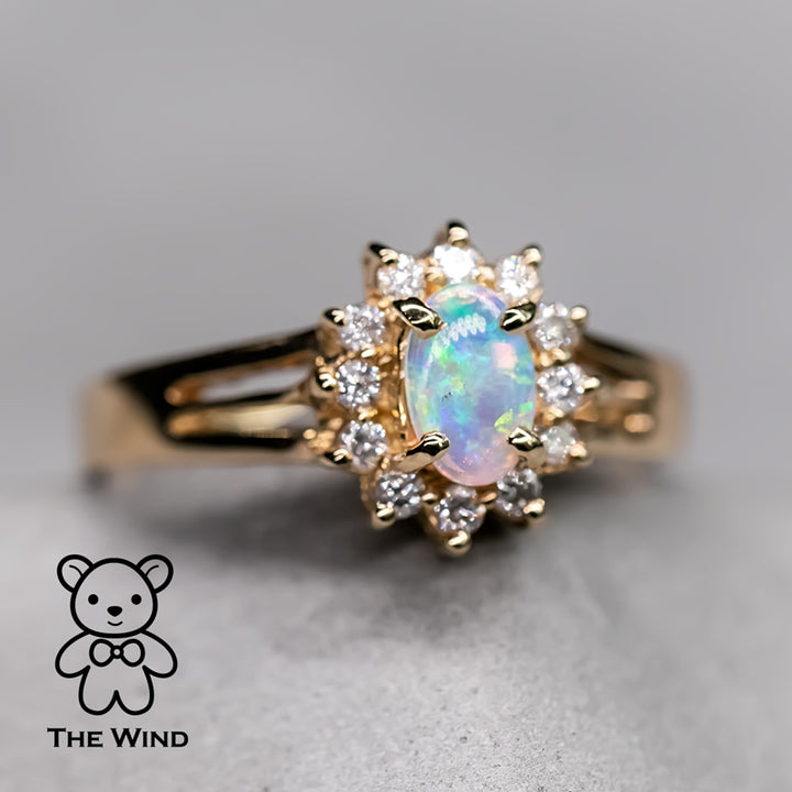 Oval Shaped Australian Solid Opal Diamond Engagement Ring-2