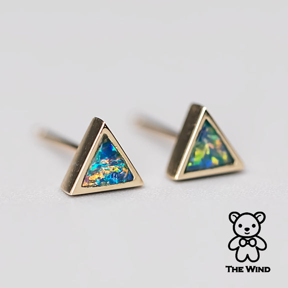 14K Yellow Gold Round Doublet Opal Stud Earrings – Australian Opal With Diamond Accents, Handmade