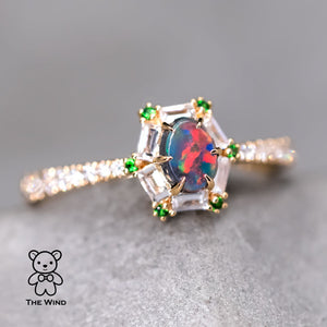 Black Opal Baguette Diamond Tsavorite Ring