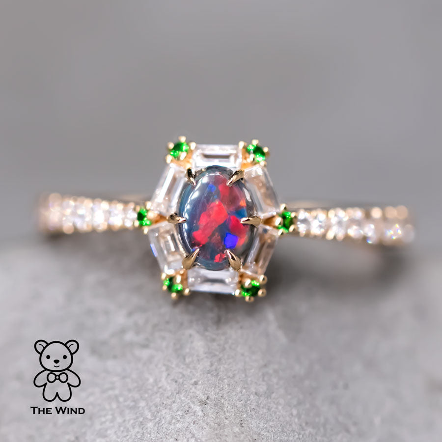 Black Opal Baguette Diamond Tsavorite Ring