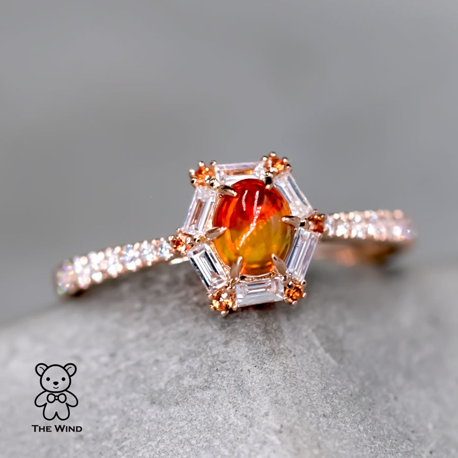 Authentic Fire Opal Solitaire Diamond Accent Side Stone Engagement Rin