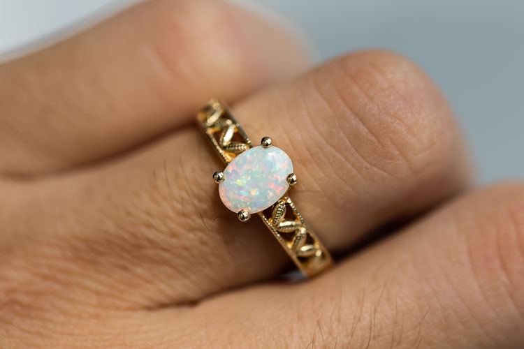 Vintage Style Australian Opal Engagement Ring 14K Yellow Gold - The Wind Opal